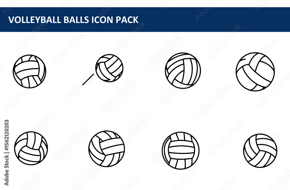 Poster volleyball balls icon set in simple line art style. set of different angles and positions of volleyb