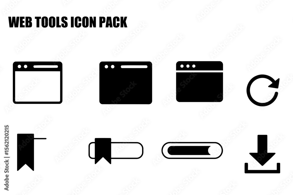 Poster web tools icon pack showcasing browser windows, refresh, bookmark, download, and other related symbo