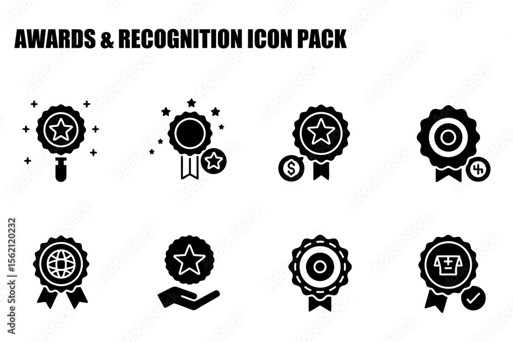 Poster awards and recognition icons in various contexts. collection of black and white award icons with rib
