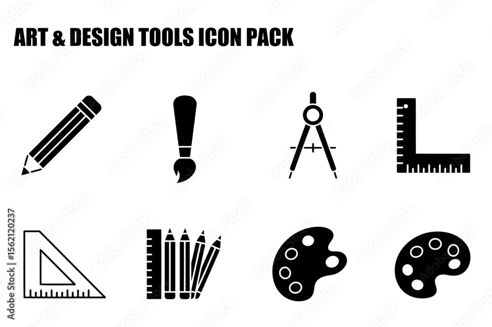 Poster art & design tools icons in simple silhouette style. set of basic art and design tools displayed in 