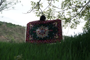 A young girl in an open field showcasing a beautifully handcrafted Kashmiri carpet, highlighting...