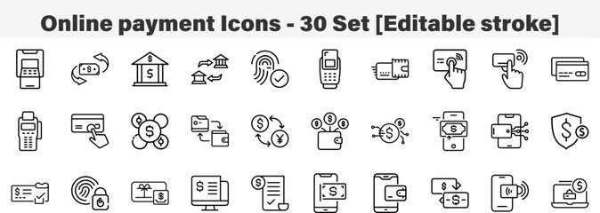 Online payment Icons 30 Set. Line Art Icon Collection. Editable Stroke. Vector Illustration