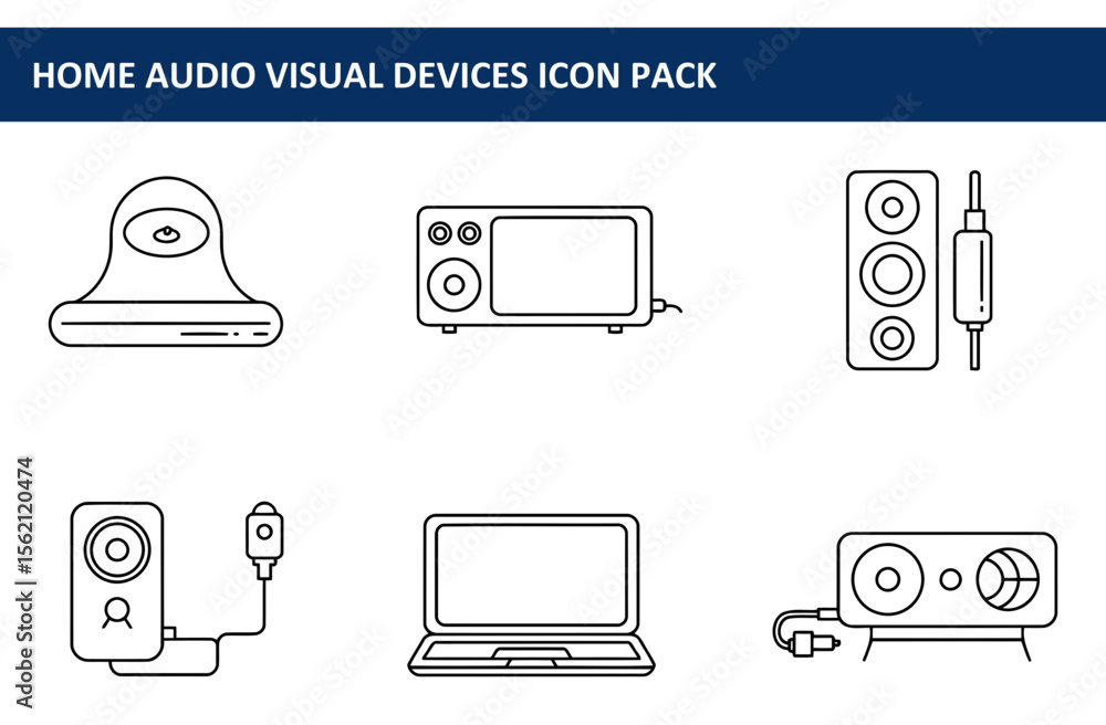 Poster home audio visual devices icon pack. showing various home audio visual devices in a simple, line art