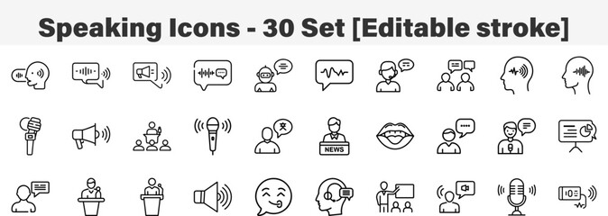Speaking Icons 30 Set. Line Art Icon Collection. Editable Stroke. Vector Illustration