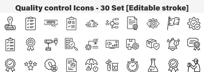 Quality control Icons 30 Set. Line Art Icon Collection. Editable Stroke. Vector Illustration