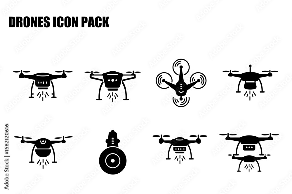 Poster drone icon pack of various models in a black and white setting. diverse drone designs in flight show
