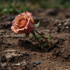 A close-up of a wilting rose on a patch of dry soil, symbolizing loss and sacrifice.
