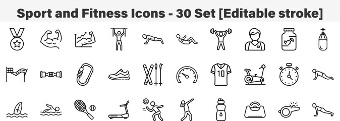 Sport and Fitness Icons 30 Set. Line Art Icon Collection. Editable Stroke. Vector Illustration