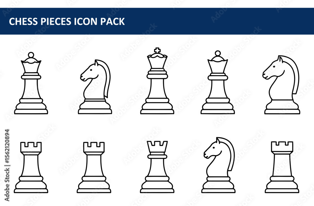 Aufkleber chess pieces in outline style; different types of chess pieces displayed in a grid format. simple, i