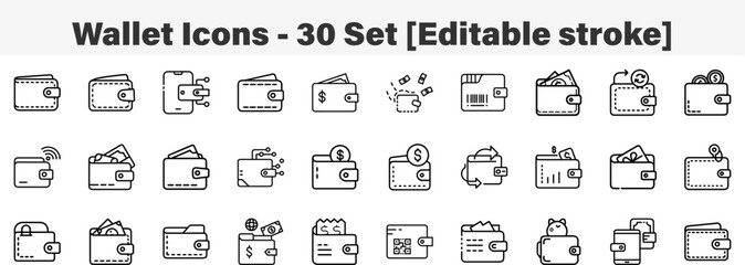 Wallet Icons 30 Set. Line Art Icon Collection. Editable Stroke. Vector Illustration