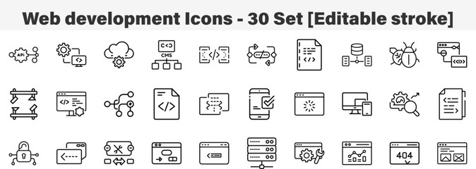 Web development Icons 30 Set. Line Art Icon Collection. Editable Stroke. Vector Illustration