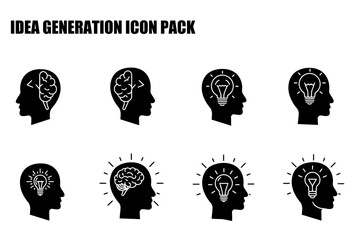 Idea generation icon set featuring diverse head silhouettes with brain and lightbulb imagery. Profile views of heads with various idea generation concepts depicted.