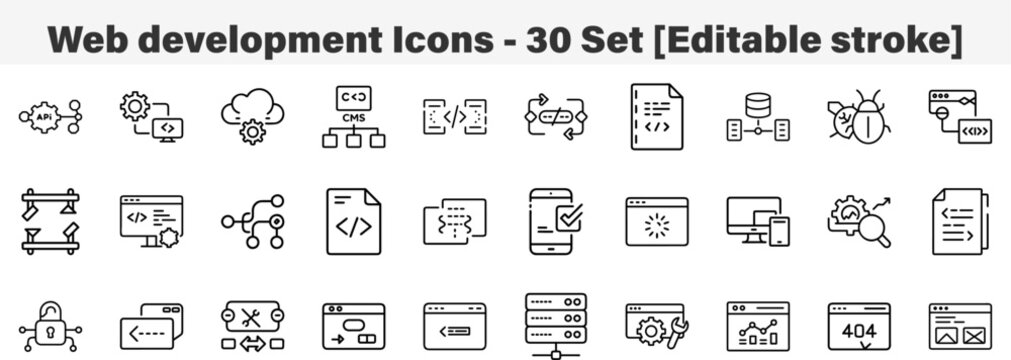 Web development Icons 30 Set. Line Art Icon Collection. Editable Stroke. Vector Illustration