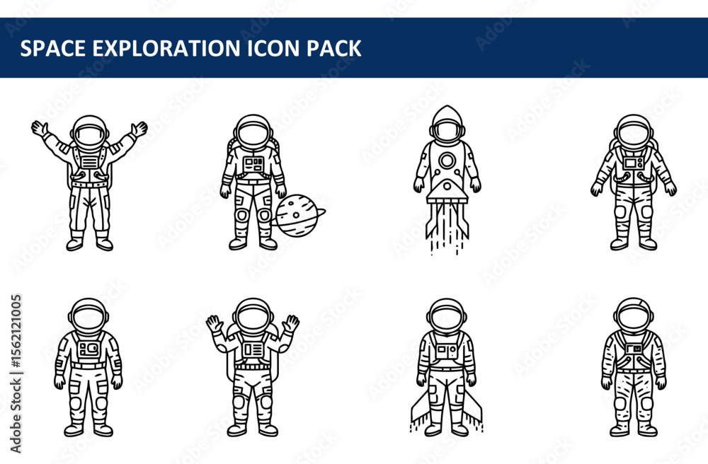 Poster astronaut figures in space suits with various poses and actions against a plain white background. di