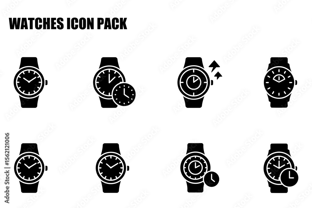 Poster black and white vector illustration of various wristwatches in different settings. timepiece display