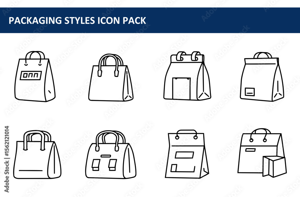 Poster packaging styles icon pack showcasing various bag and box designs in a graphic, flat style. differen