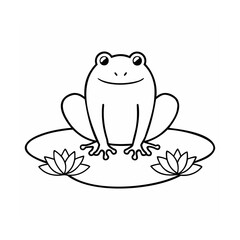 A smiling frog sitting on a lily pad with two lotus flowers amphibian animal