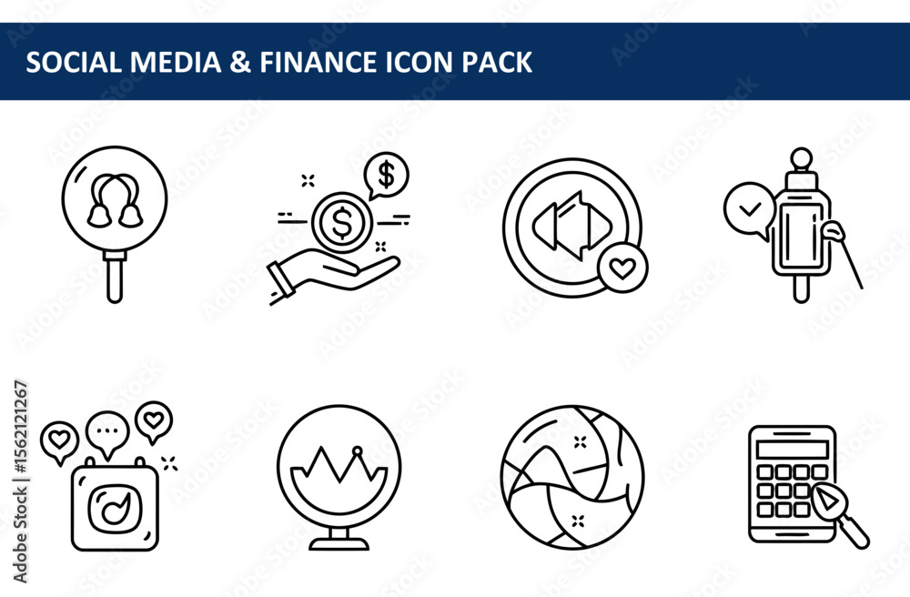Poster line art icons depicting social media and finance concepts. abstract representations of various fina