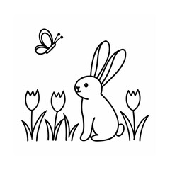 Line art a bunny with tulips a butterfly for a coloring page design rabbit animal