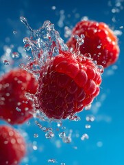Raspberries Splashing in Water Against a Blue Background