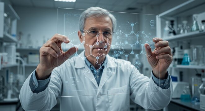 Senior scientist examines molecular structure on transparent screen