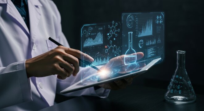 Scientist using tablet with holographic scientific data overlays - Powered by Adobe