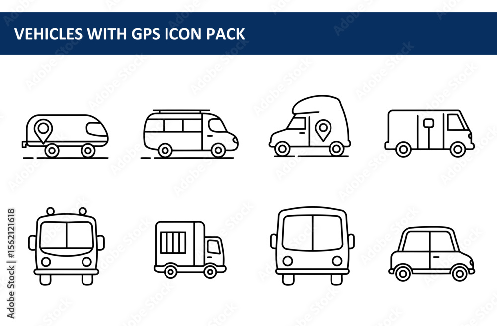 Poster vehicle icons showing various types of transportation with gps location markers.