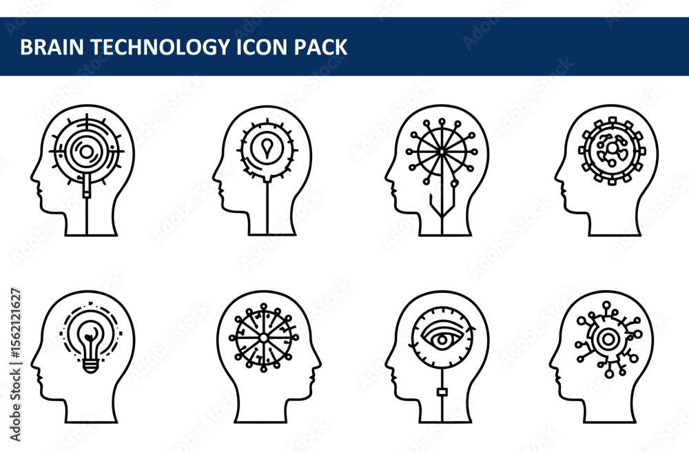 Poster brain technology icon pack showing various conceptualizations of the mind and thinking processes.
