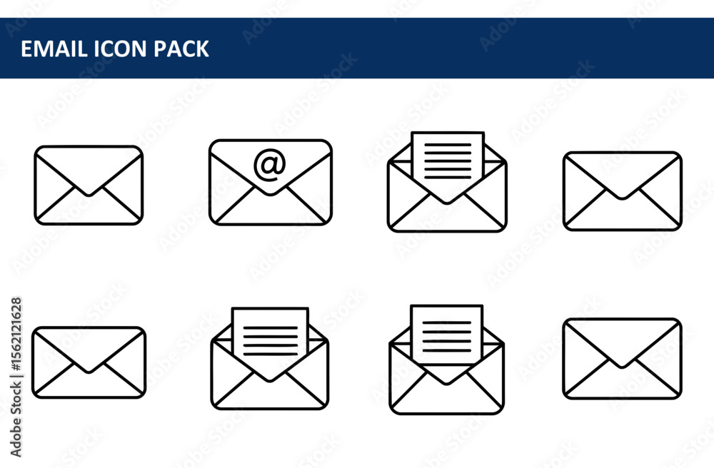 Poster email icon pack of various email graphic elements. simple black line icons of opened and closed enve