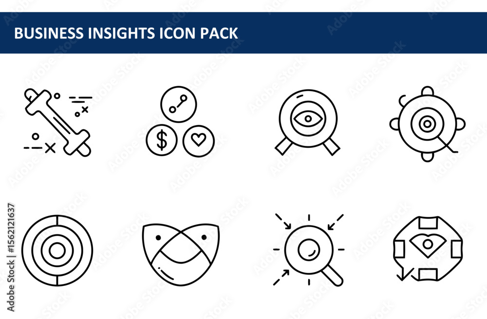 Poster business insights icon pack showing various business concepts in a simple, line art style. collectio