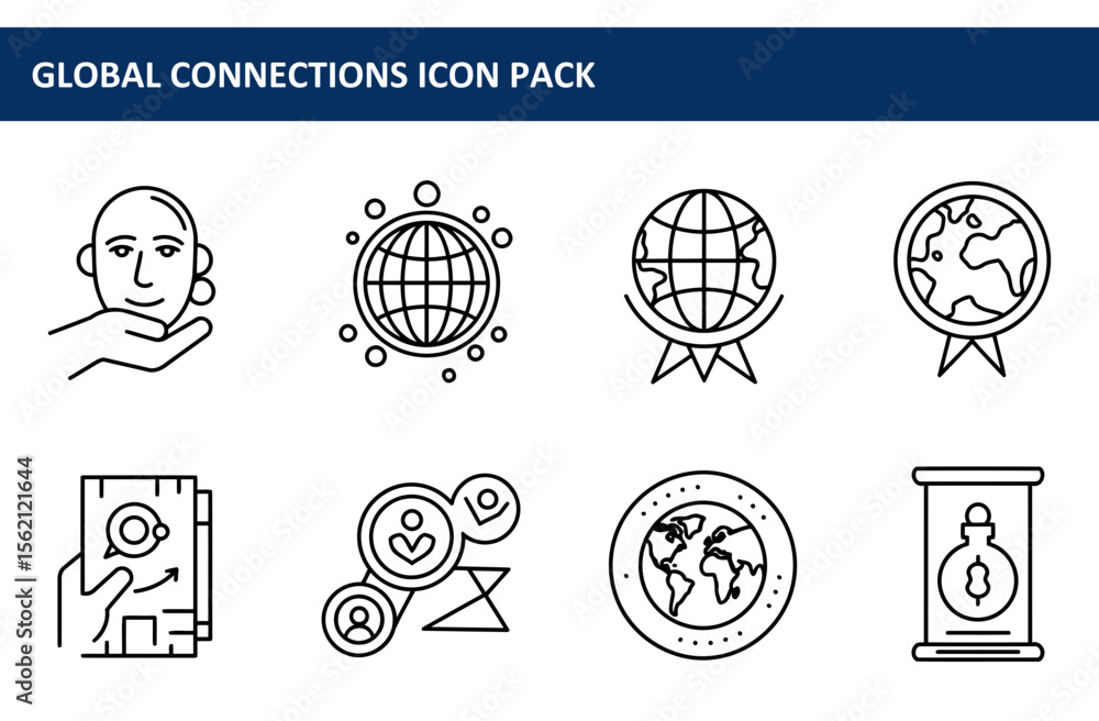 Poster global connections icon pack showing various interactions and symbols related to the world