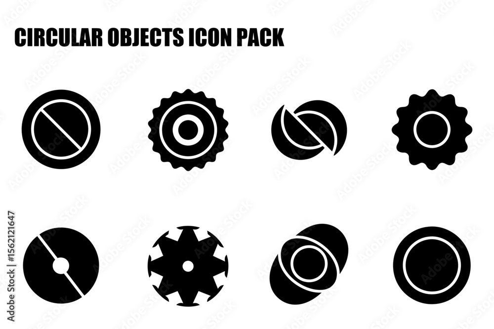 Poster circular objects icon pack showcasing various shapes and designs. set of simple, geometric shapes di