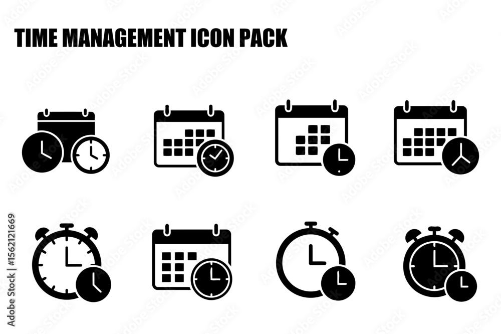 Poster time management icons in a simple, minimalist design. collection of calendar, clock, and timer icons