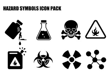 Hazard symbols icon pack showing various safety symbols for different hazardous materials. Illustrative icons for chemical, biological, and radioactive substances with no people or location.