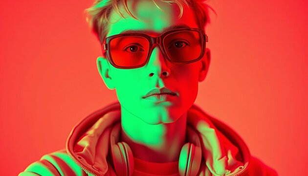 Red-tinted glasses, futuristic attire, duotone backdrop, sci-fi aesthetic, bold color scheme, modern style,   glasses,  image