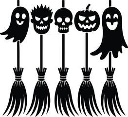 Halloween brooms icon set with pumpkins ghosts bats and other spooky symbols