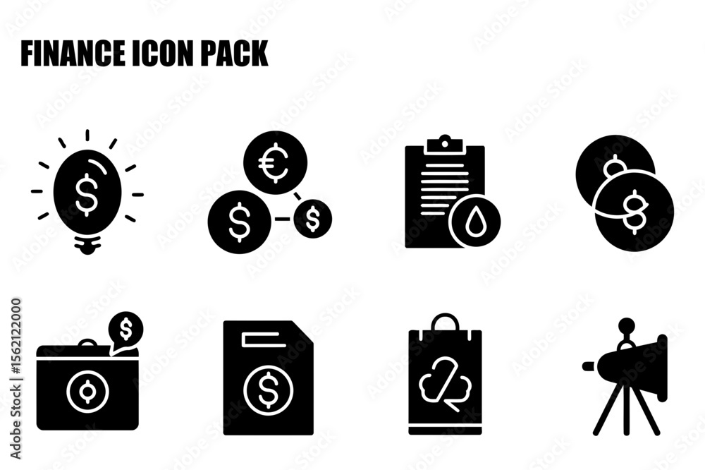Poster finance icon pack displaying various financial concepts in a simple, easily understandable manner.