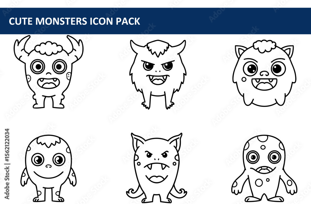 Poster cute monster icon pack featuring various cartoon monsters in a simple line art style. adorable creat
