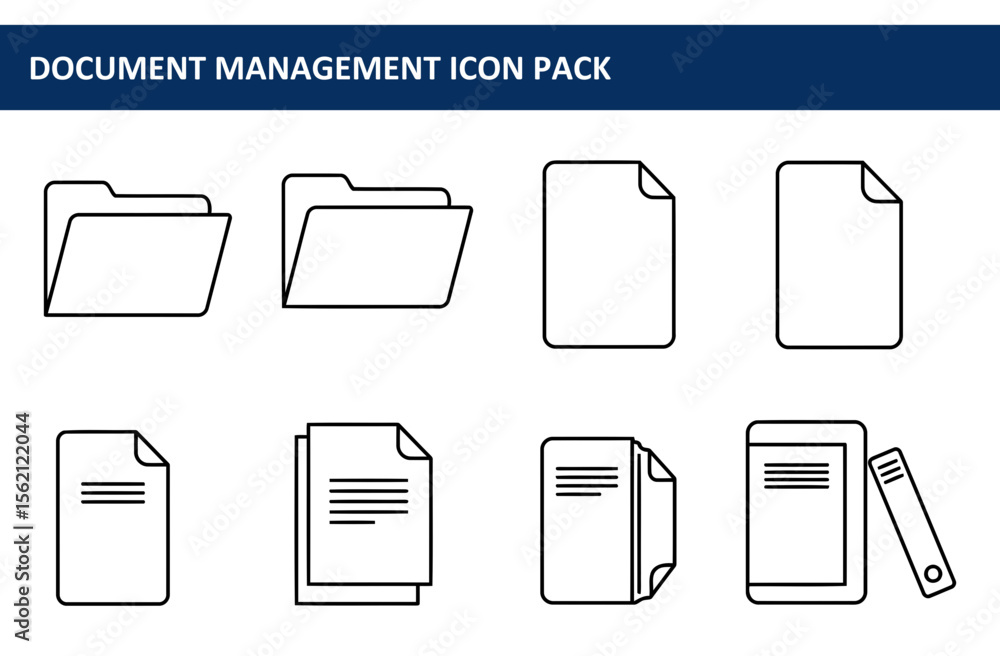 Poster document management icons featuring folders, documents, and file stacks. simple line drawings of off