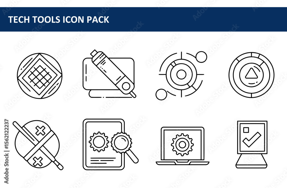 Poster collection of outline tech tools icons in a white background. set of simple, modern icons representi