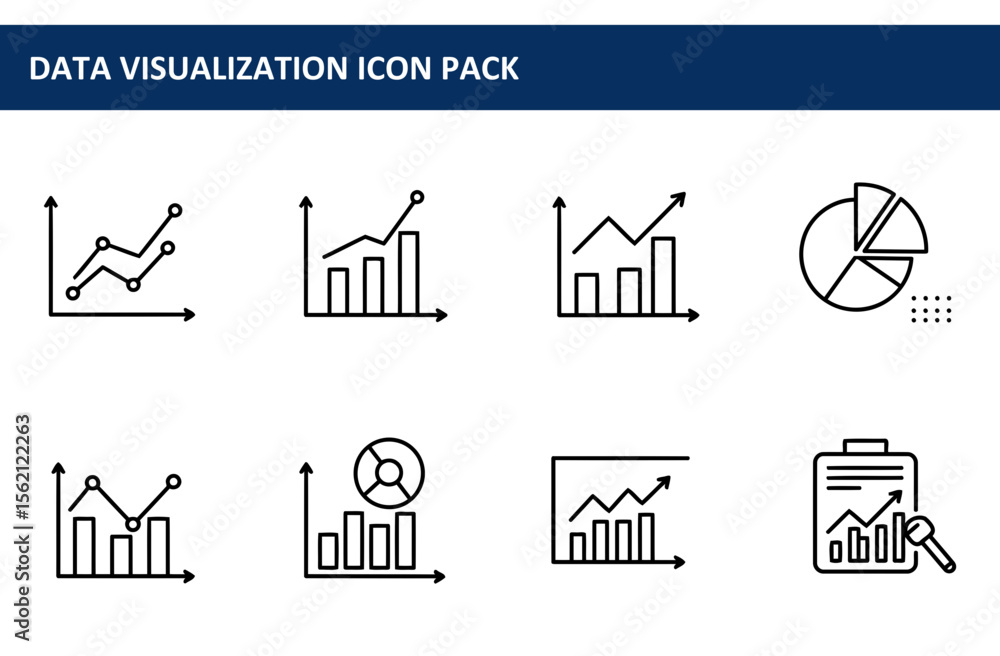 Poster data visualization icons in a set of simple line art graphics. collection of charts and graphs, incl