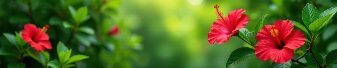 Lush green foliage, vibrant red hibiscus blooms, breathtaking garden backdrop, red, stock photo