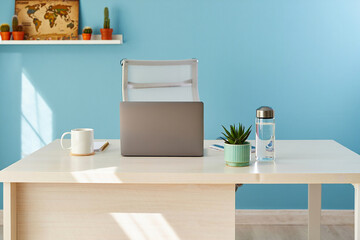 Workspace Still Life Laptop Succulent Mug and Water Bottle on a Clean Desk Against Blue Wall in Bright Natural Light