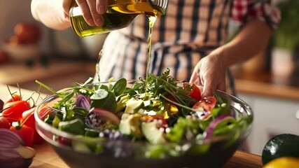 Woman is preparing a healthy meal with fresh vegetables and olive oil in her kitchen. The image is bright and airy, with a focus on the fresh ingredients - Powered by Adobe