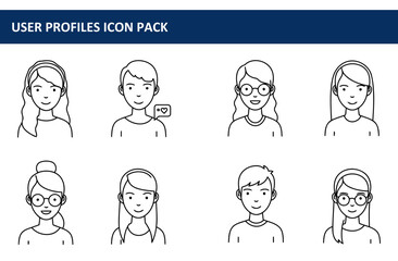 Line art illustrations of diverse user profiles in various hairstyles and accessories. Friendly expressions and casual clothing styles.