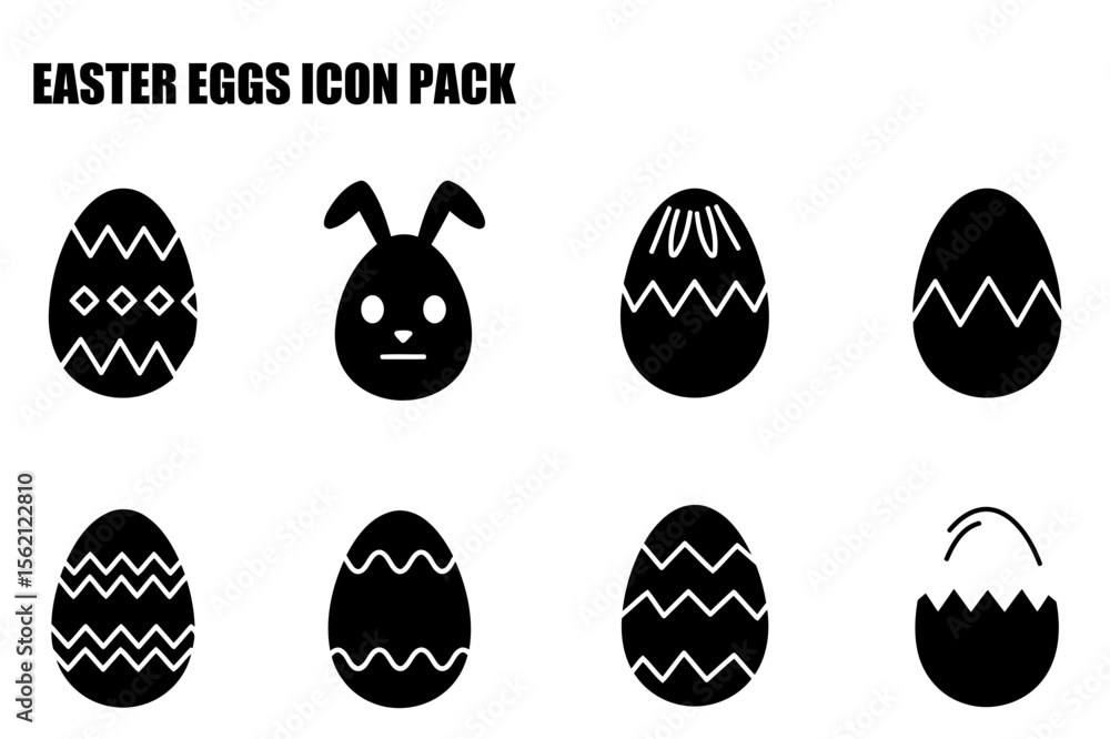 Poster easter egg icons with various designs in a simple, solid black graphic style. collection of easter e