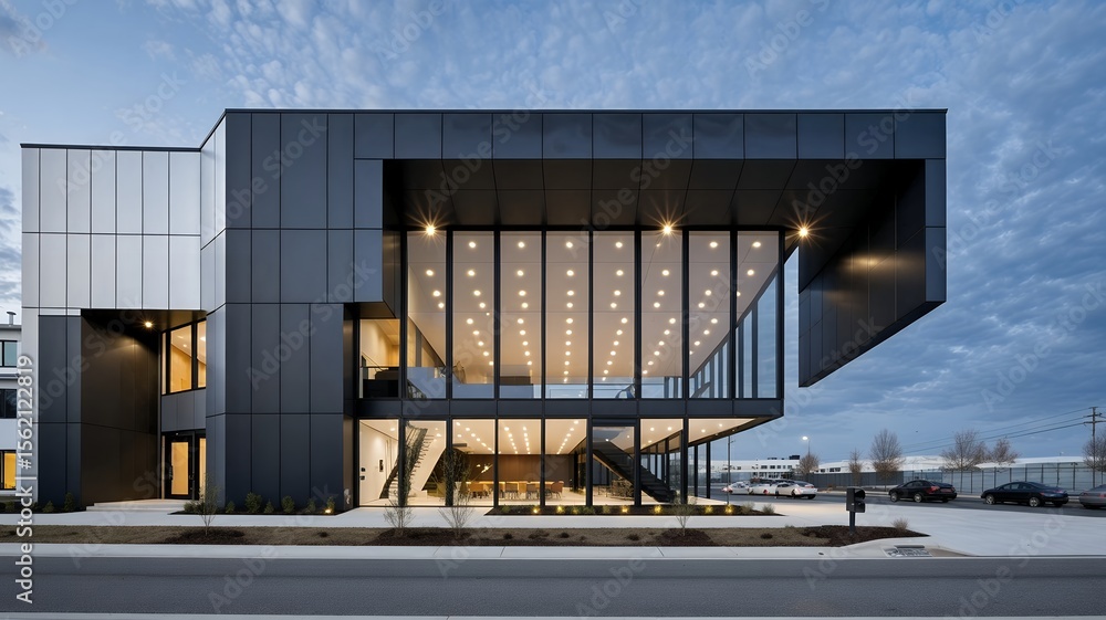 Poster contemporary building featuring large windows and dark cladding