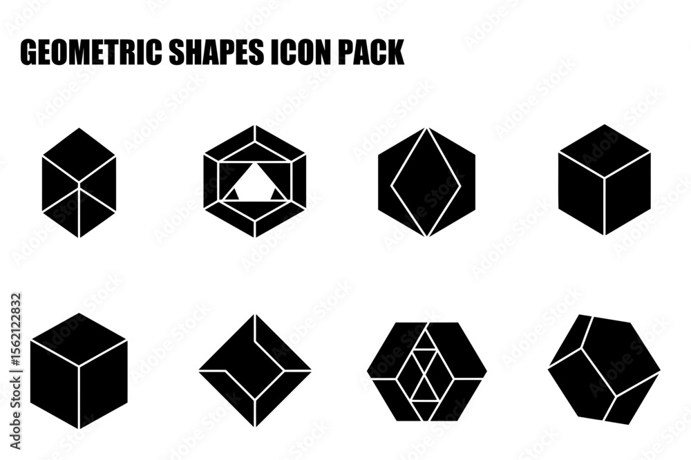 Aufkleber geometric shapes icon pack showcasing various 3d shapes in a solid black and white design. collectio