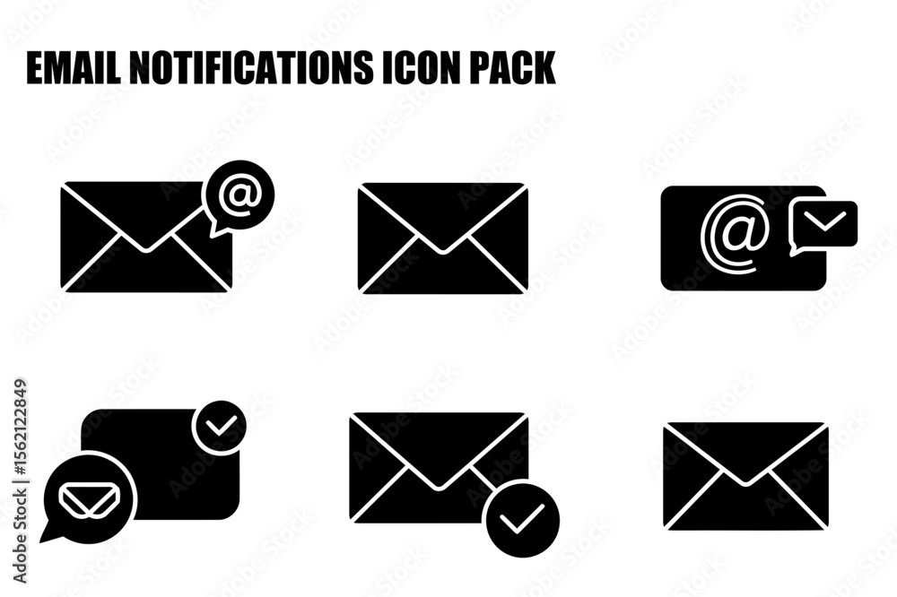 Poster email notification icons in various states. black and white graphic icons displaying email, notifica