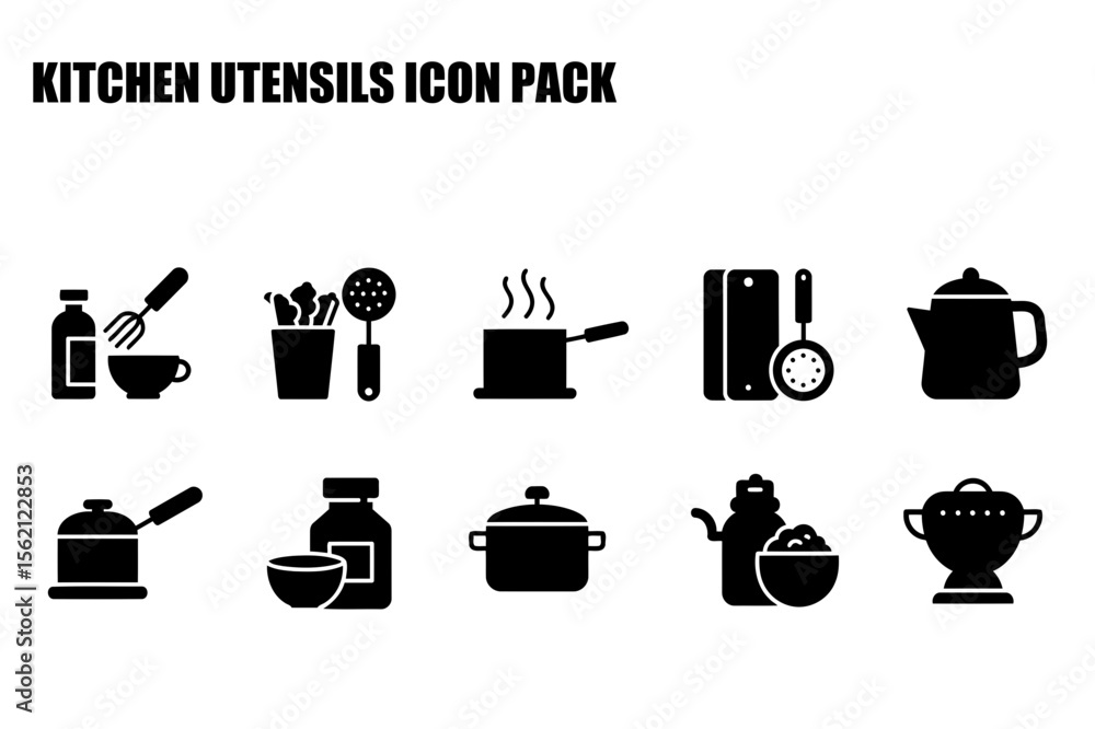 Poster kitchen utensils icons with various cooking tools in a collection. a selection of common kitchenware